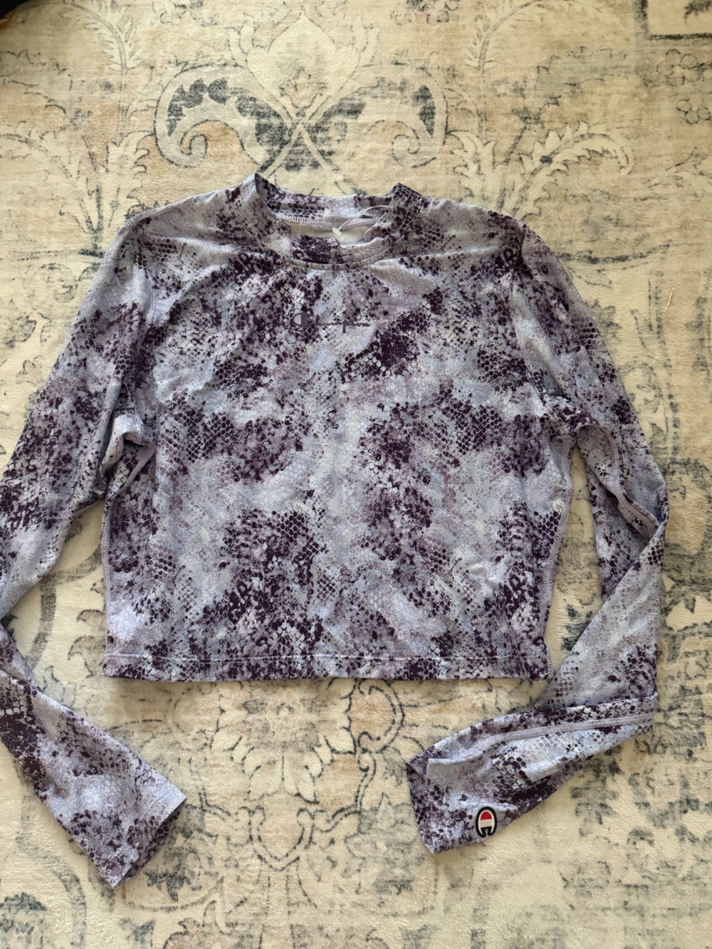 Champion Long Sleeve Animal-Print Crop Top - Purple, Light Gray